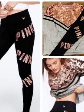 VS PINK ROSEGOLD BLING SWEATER/ YOGA LEGGINGS OUTFIT M